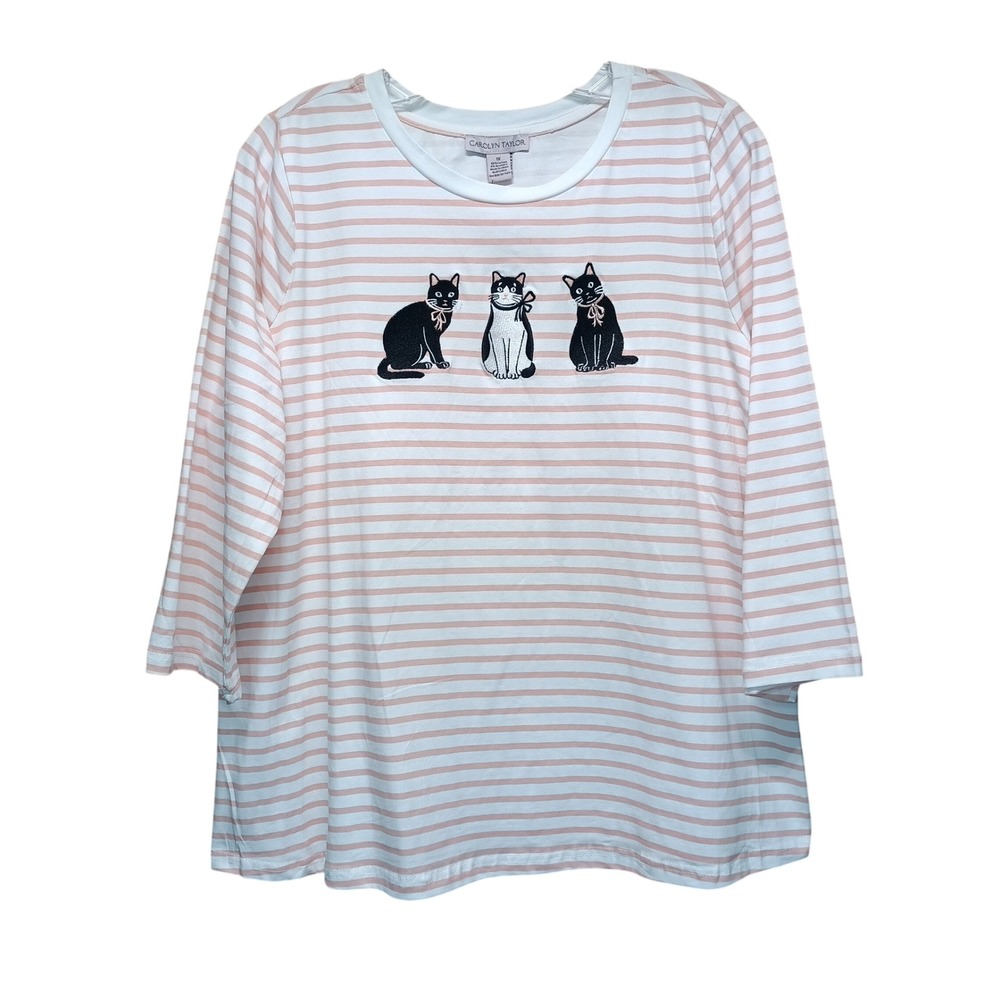 Carolyn Taylor Silviana Cat Embroidered Striped Top Pink White Womens 1X NWT